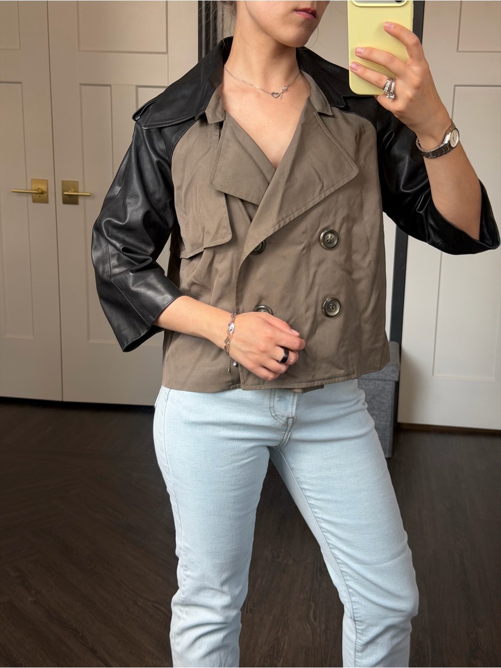 100% Lambskin Mason Two-Tone Cropped Trench Jacket in Taupe and Black